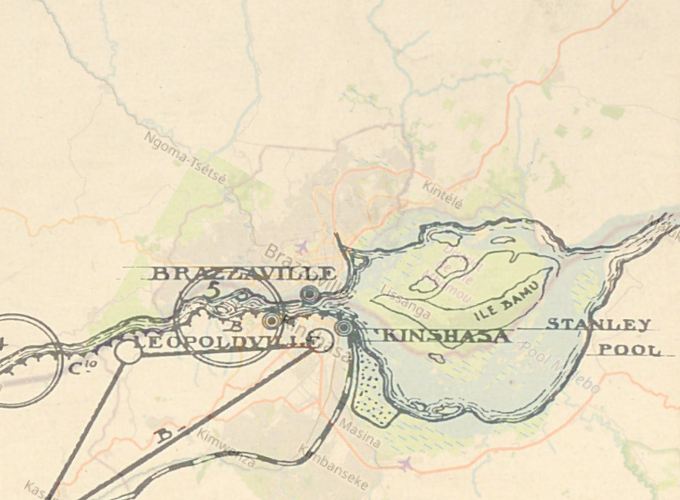 19th century Congo river map of planned railroad and road construction work, with contemporary georeferenced Allmaps layer (National Archives 2 - Joseph Cuvelier repository, Ministry of Colonies, Cartothèque, provisory no. 1448). © State Archives