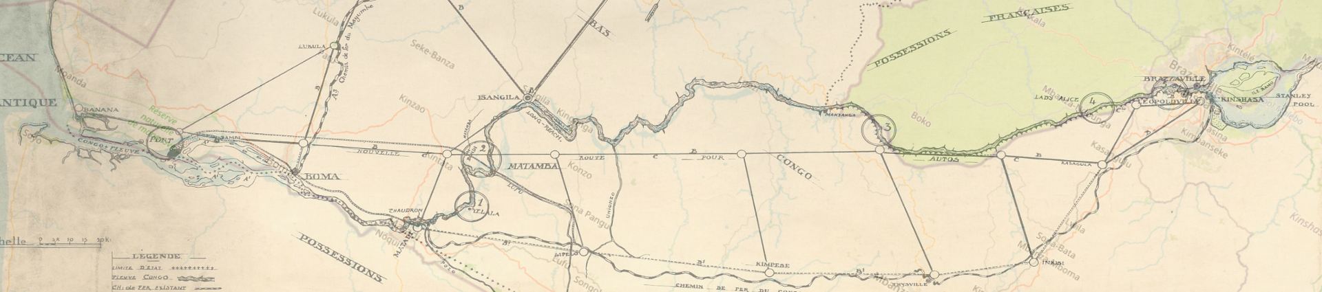 19th century Congo river map of planned railroad and road construction work, with contemporary georeferenced Allmaps layer (National Archives 2 - Joseph Cuvelier repository, Ministry of Colonies, Cartothèque, provisory no. 1448). © State Archives Belgium