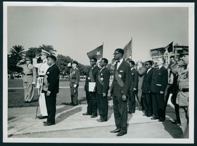 King Baudouin, President Joseph Kasa-Vubu and Prime Minister Patrice Lumumba in front of the equestrian statue of Leopold II in Leopoldville on 30 June 1960