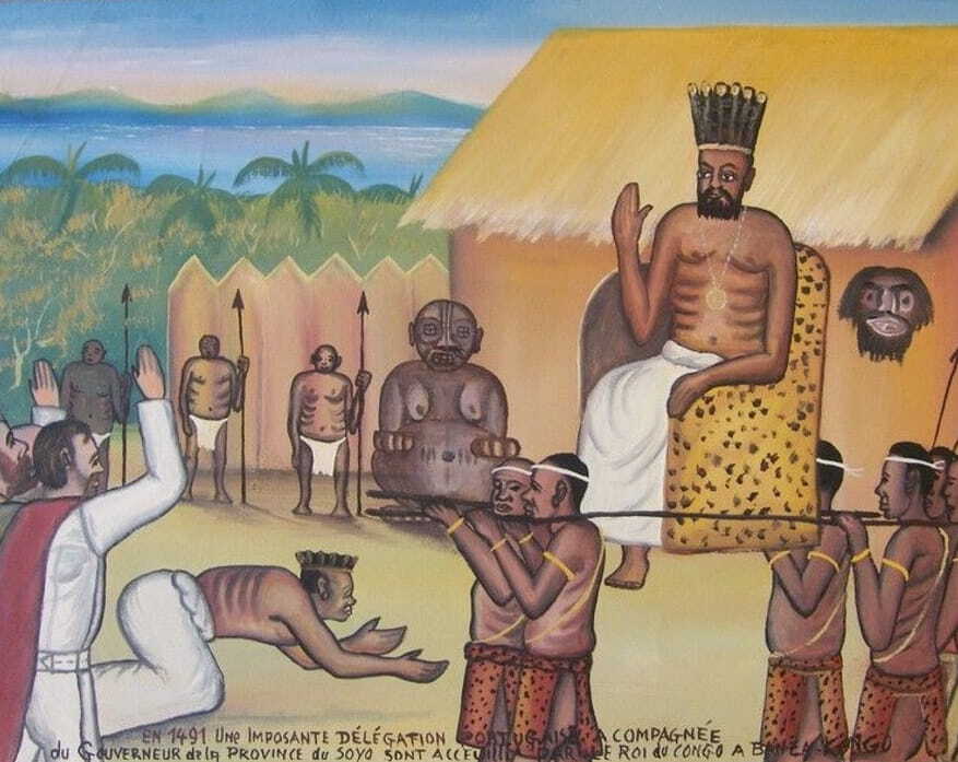 Painting “Délégation portugaise accueillie par le roi du Congo en 1491" by Tshibumba Kanda Matulu