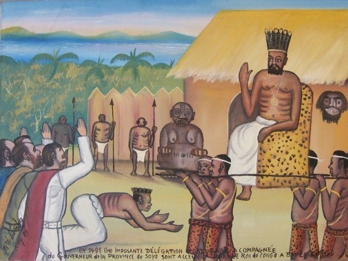 Painting “Délégation portugaise accueillie par le roi du Congo en 1491" by Tshibumba Kanda Matulu